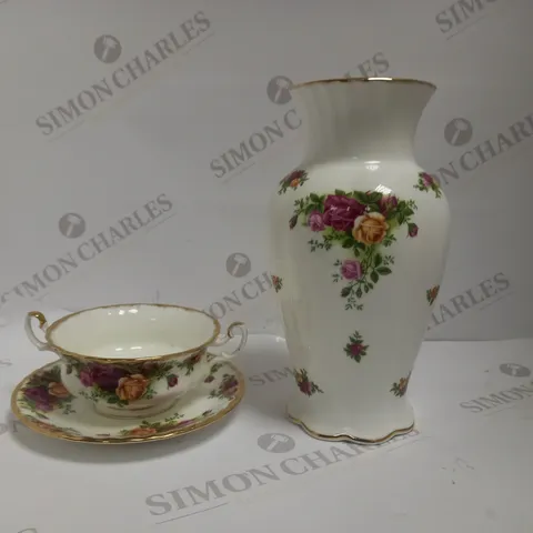ROYAL ALBERT OLD COUNTRY ROSEES SAUCER, SUGAR BOWL & VASE