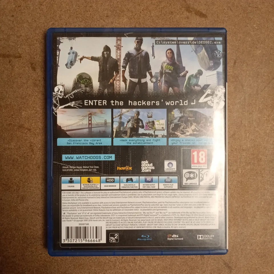 WATCHDOGS 2 PLAYSTATION 4 VIDEO GAME