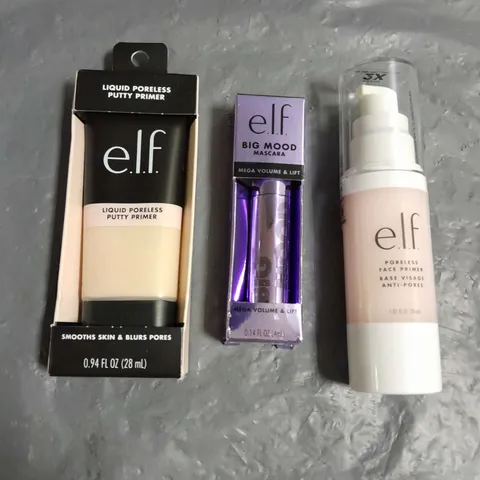 ELF LOT OF 3 PRODUCTS TO INCLUDE - BIG MOOD MASCARA - LIQUID PRELESS PUTTY PRIMER - PORELESS FACE PRIMER