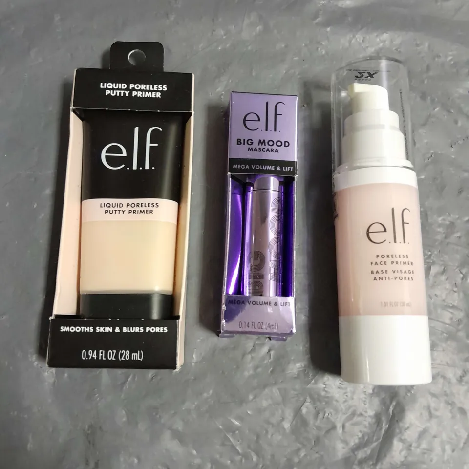 ELF LOT OF 3 PRODUCTS TO INCLUDE - BIG MOOD MASCARA - LIQUID PRELESS PUTTY PRIMER - PORELESS FACE PRIMER