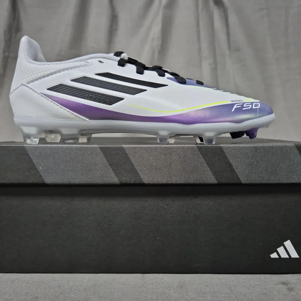 BOXED PAIR OF ADIDAS F50 LEAGUE FG/MG KID'S MESSI FOOTBALL BOOTS IN WHITE/PURPLE/BLACK UK SIZE 2