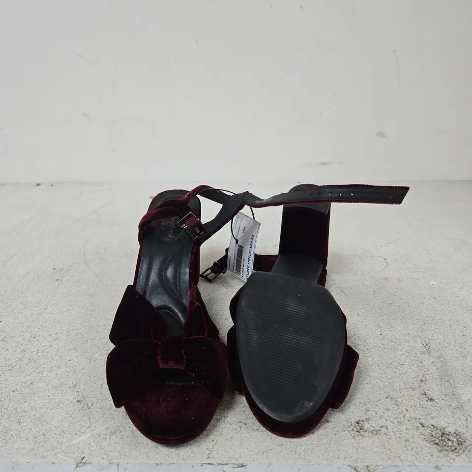 RUTH LANGFORD BURGUNDY VELVET HIGH-HEELED SANDALS, UK 7