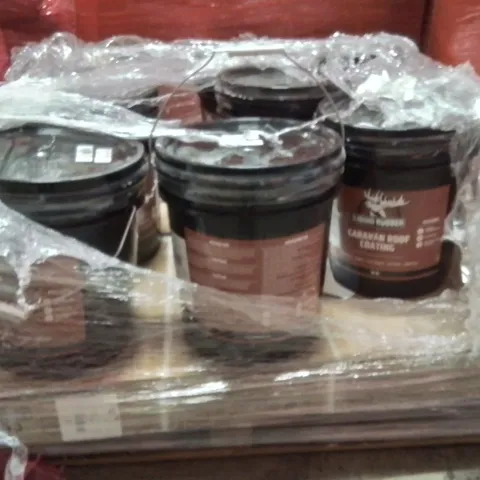 PALLET OF ASSORTED HOUSEHOLD GOODS AND PRODUCTS TO INCLUDE; TREADMILL AND MULTIPLE LIQUID RUBBER CARAVAN ROOF COATING