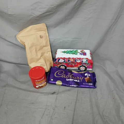 APPROXIMATELY 12 ASSORTED ITEMS OF FOOD AND DRINK INCLUDING CADBURY DAIRY MILK 360G, MCDONALDS ORIGINAL CURRY SAUCE, HAND ROASTED MEXICO COFFEE AND SHORTBREAD XMAS BISCUIT TIN
