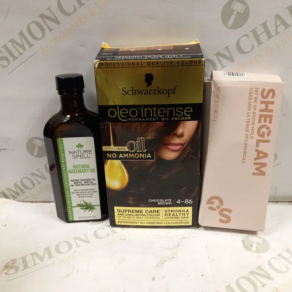 LOT OF APPROXIMATELY 16 COSMETICS ITEMS TO INCLUDE NATURE SPELL NATURAL ROSEMARY OIL, SHEGLAM SET ME UP BROW HOLD, SCHWARZKOPF CHOCOLATE BROWN DYE, ETC