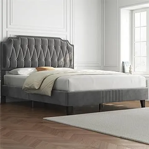 BOXED YAHEETECH SIZE UPHOLSTERED BED FRAME WITH HEIGHT ADJUSTABLE HEADBOARD - GREY // SIZE: 135 X 190cm (1 BOX)