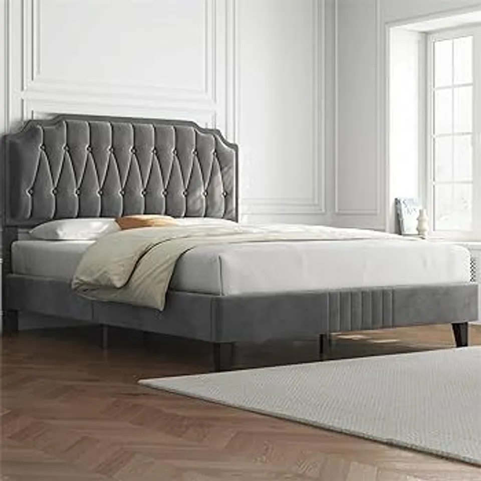 BOXED YAHEETECH SIZE UPHOLSTERED BED FRAME WITH HEIGHT ADJUSTABLE HEADBOARD - GREY // SIZE: 135 X 190cm (1 BOX)