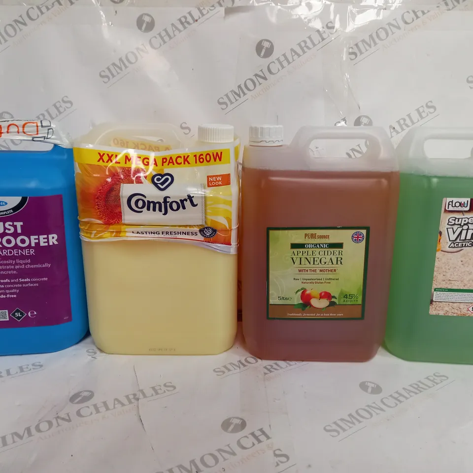 BOX OF APPROX 4 ASSORTED LIQUIDS TO INCLUDE - APPLE CIDER VINEGAR - SUPER STRENGHT VINEGAR - DUST PROOFER & HARDENER ECT