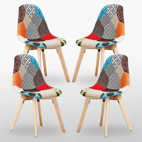 BOXED THERESA PATCHWORK RETRO DINING CHAIRS - FABRIC UPHOLSTERED SEAT AND CURVED BACK WITH FOAM PADDING AND SOLID WOODEN LEGS - SIDE CHAIR FOR DINING ROOM KITCHEN LIVING ROOM (SET OF 4) ( 1 BOX)