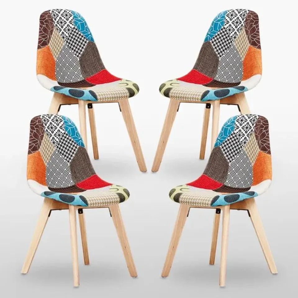 BOXED THERESA PATCHWORK RETRO DINING CHAIRS - FABRIC UPHOLSTERED SEAT AND CURVED BACK WITH FOAM PADDING AND SOLID WOODEN LEGS - SIDE CHAIR FOR DINING ROOM KITCHEN LIVING ROOM (SET OF 4) ( 1 BOX)