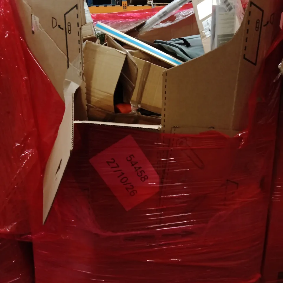 PALLET OF ASSORTED HOUSEHOLD GOODS AND PRODUCTS TO INCLUDE; ARTIFICIAL OLIVE TREE,TOOL BAG, SURFING BAG