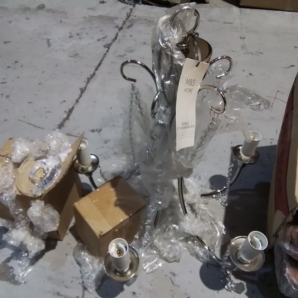 PALLET OF ASSORTED ITEMS TO INCLUDE M&S GRACE CHANDELIER, MULTIPLE BROWN GUEST TOWELS, ZEN PILLOW AND HAIR CURLER