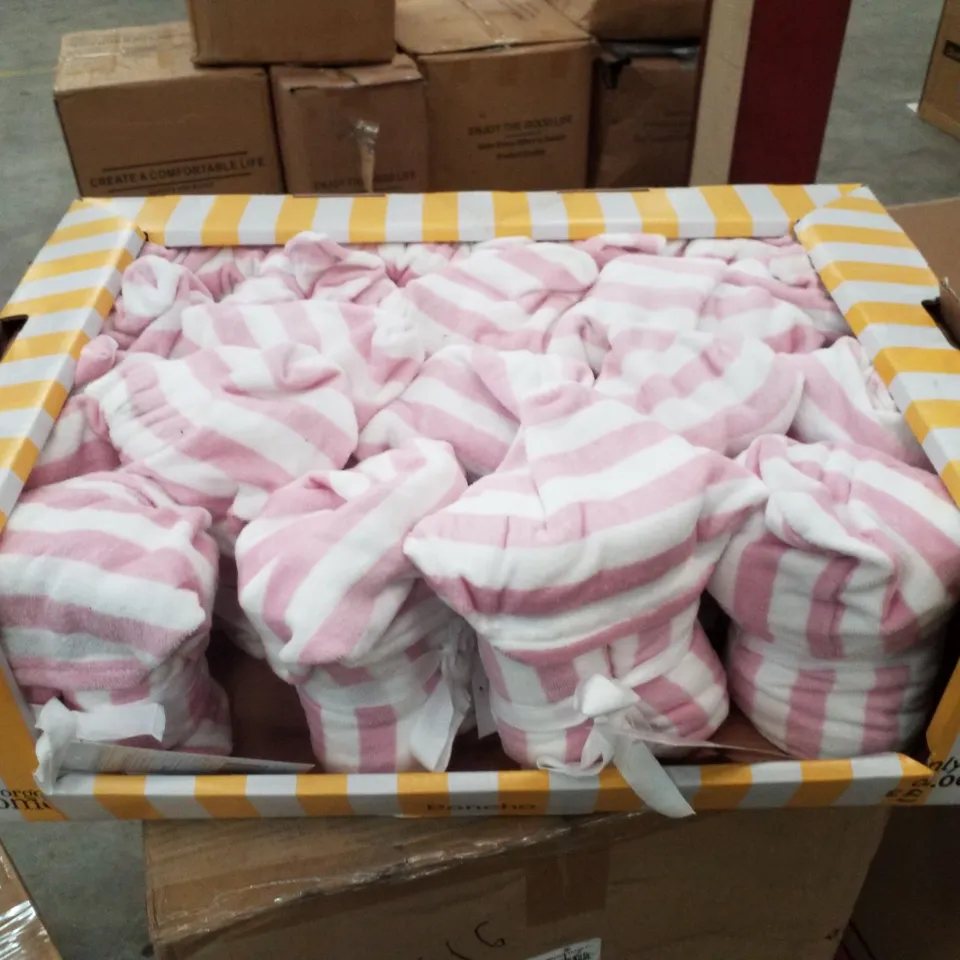 BOX CONTAINING APPROXIMATELY 80 STRIPED PINK PONCHOS 