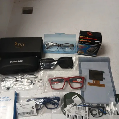 TOTE OF APPROXIMATELY 15 ASSORTED ITEMS INCLUDING SUNGLASSES, A VOLTAGE CONVERTER AND A DIGITAL VOICE RECORDER