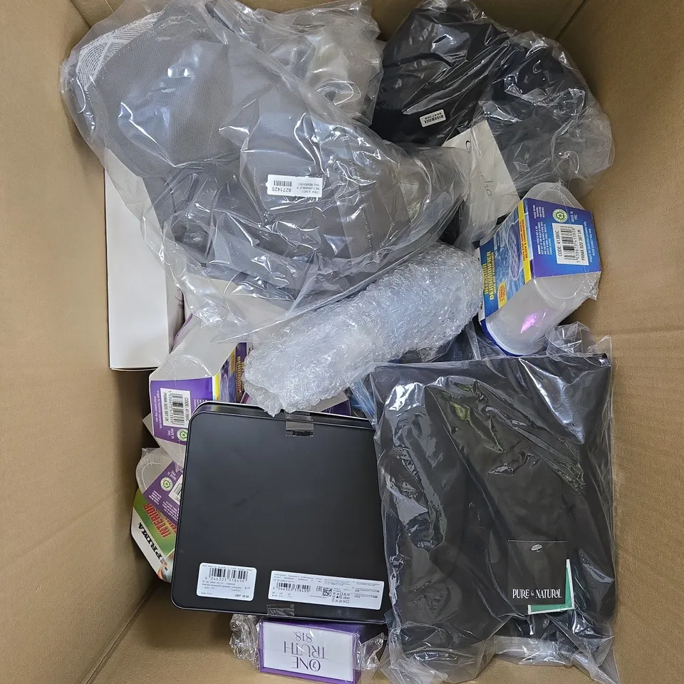 BOX OF APPROXIMATELY 15 ASSORTED ITEMS TO INCLUDE PERFUMES , CLOTHING ITEMS AND INTERIOR DEHUMIDIFIER