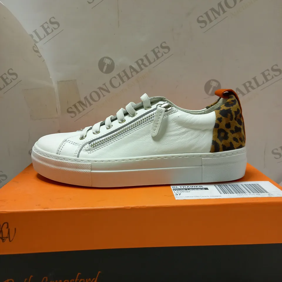 RUTH LANGSFORD WHITE LEOPARD ZIP TRAINERS - SIZE 4