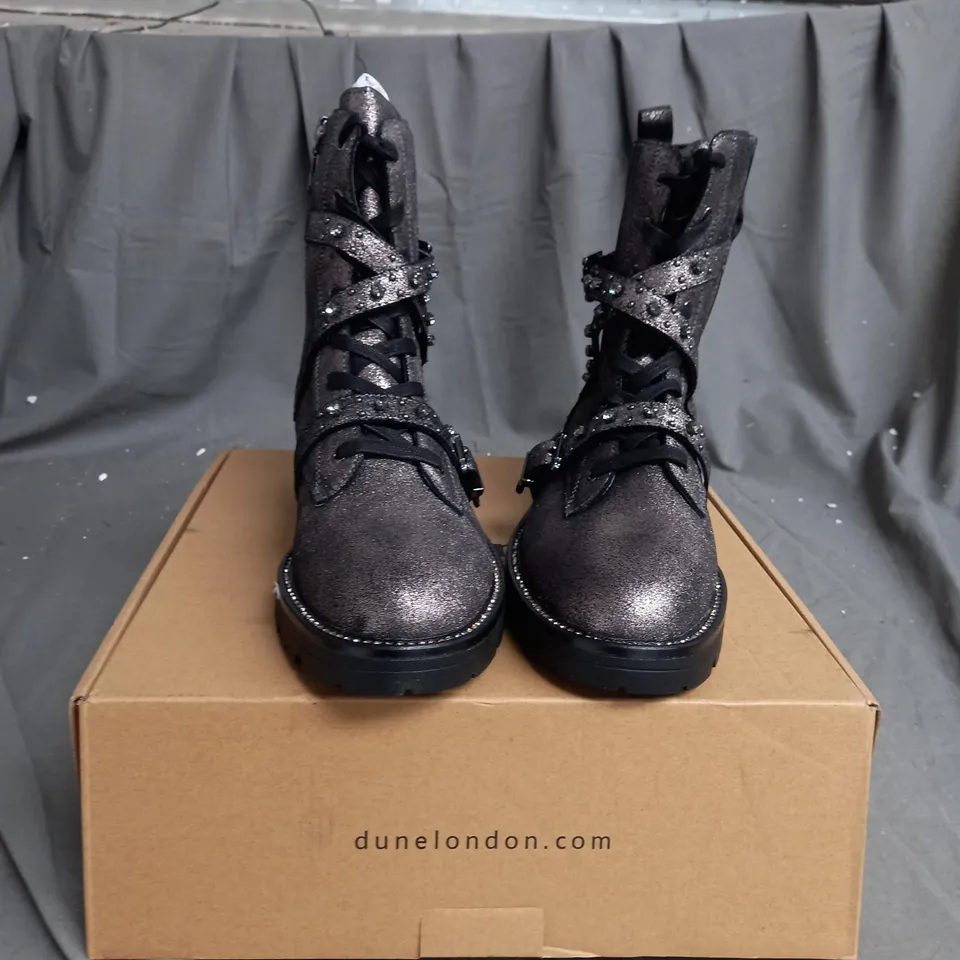 DUNE LONDON EMBELLISHED LEATHER BOOT IN PEWTER - SIZE 8