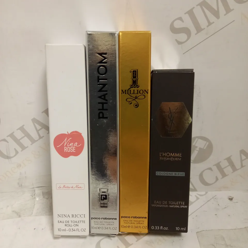 LOT OF 4 ASSORTED FRAGRANCES TO INCLUDE NINA RICCI NINA ROSE 10ML, PACO RABANNE PHANTOM EDT 10ML, 1 MILLION EDT 10ML & YSL HOMME COLOGNE BLEUE EDT 10ML