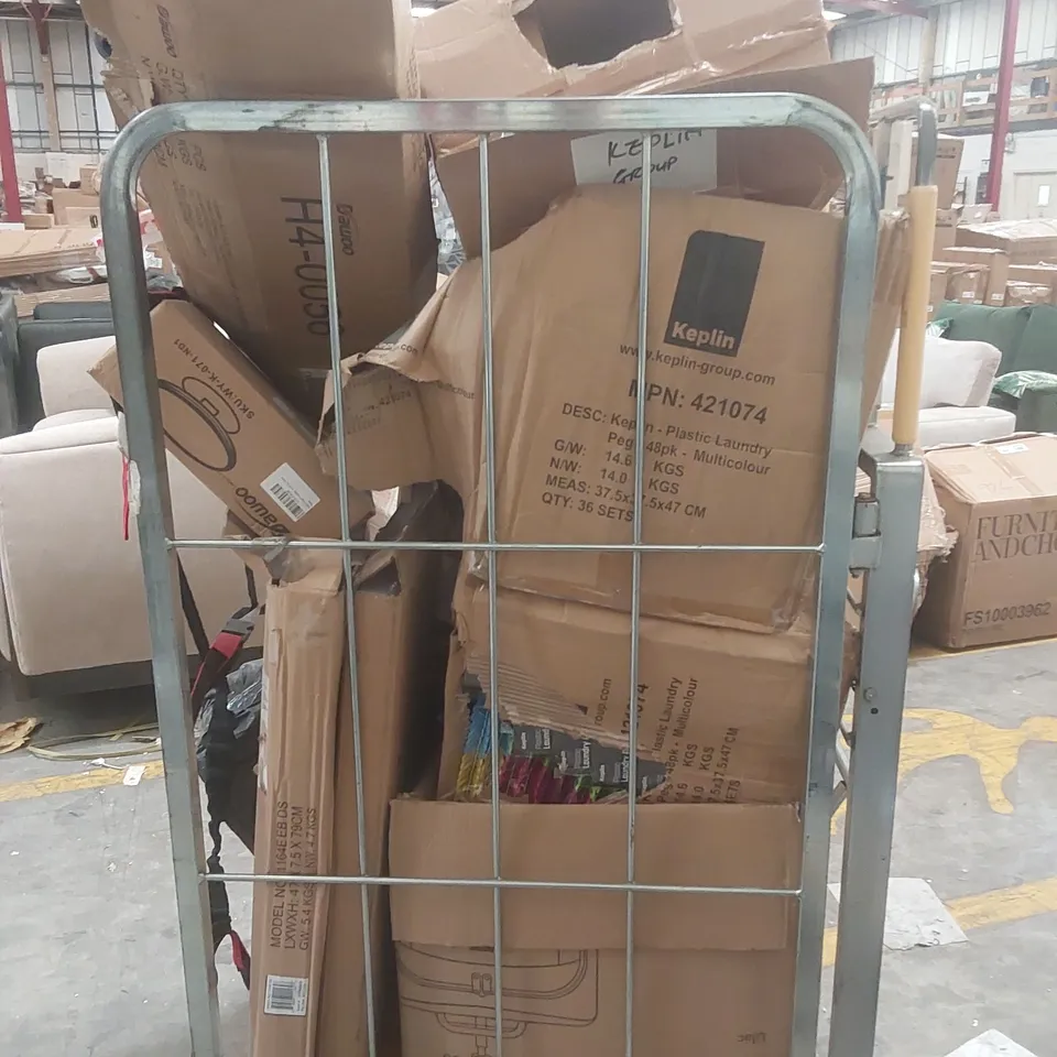 CAGE CONTAINING A LARGE QUANTITY OF ASSORTED ITEMS INCLUDING: LOMG REACH PICK UP TOOL, DEHUMIDIFIER, CLOTHING PEGS, SHOE STORAGE RACK ECT // CAGE NOT INCLUDED