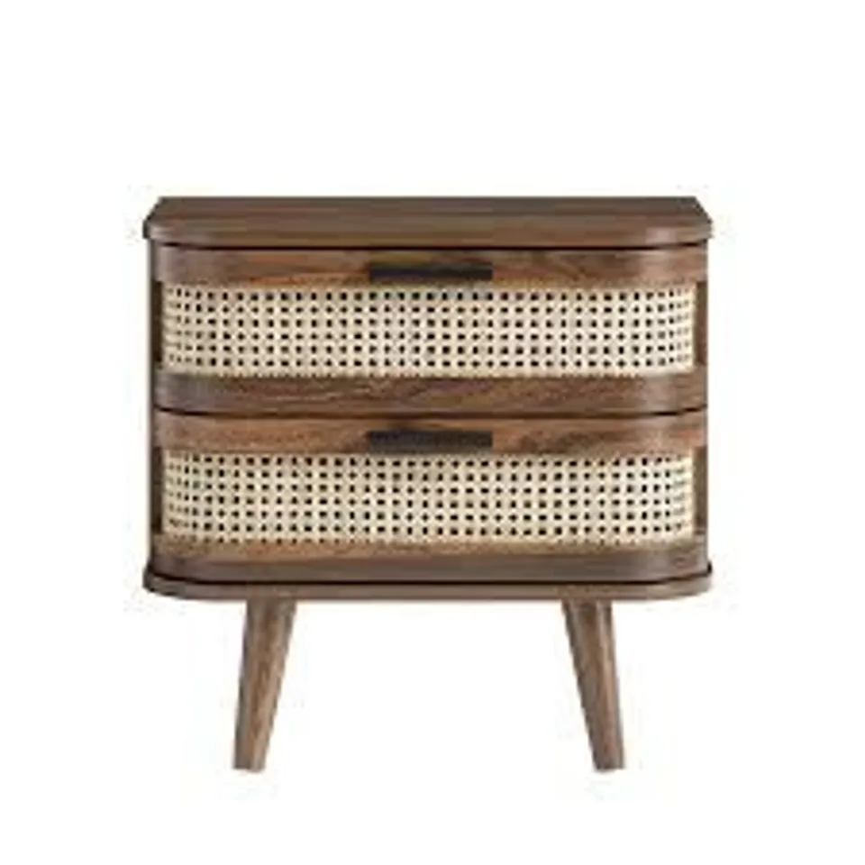 BOXED DAALS IZZY CURVED RATTAN 2-DRAWER BEDSIDE TABLE, WALNUT
