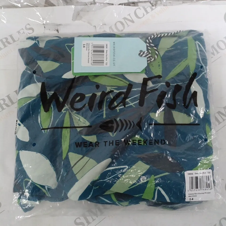 WEIRD FISH DEEP SEA BLUE ISLANNA ECO VISCSE ORINTED MIDI DRESS SIZE 14 