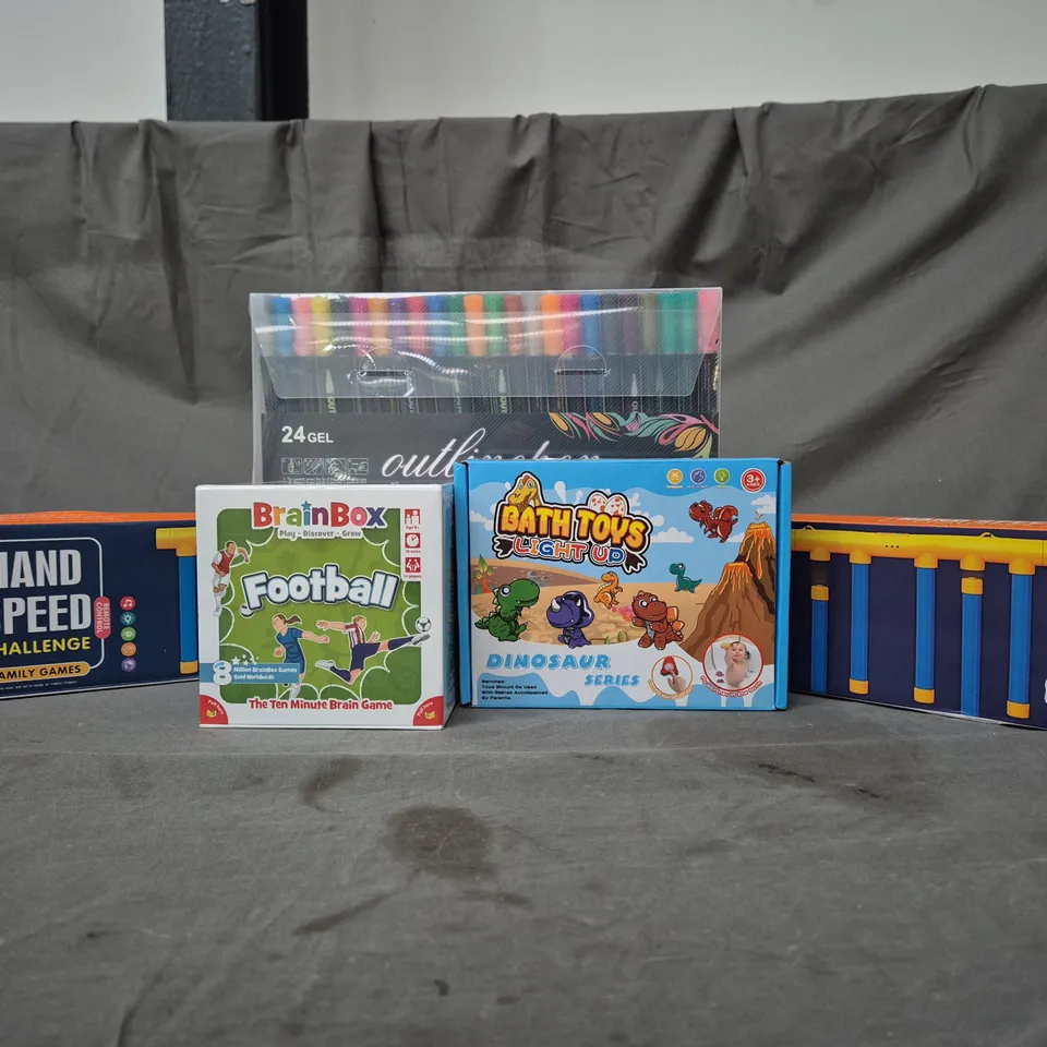 BOX OF APPROXIMATELY 20 ASSORTED TOYS AND GAMES TO INCLUDE BRAIN BOX FOOTBALL BRAIN GAME, HAND SPEED CHALLENGE, BATH TOYS, ETC - COLLECTION ONLY