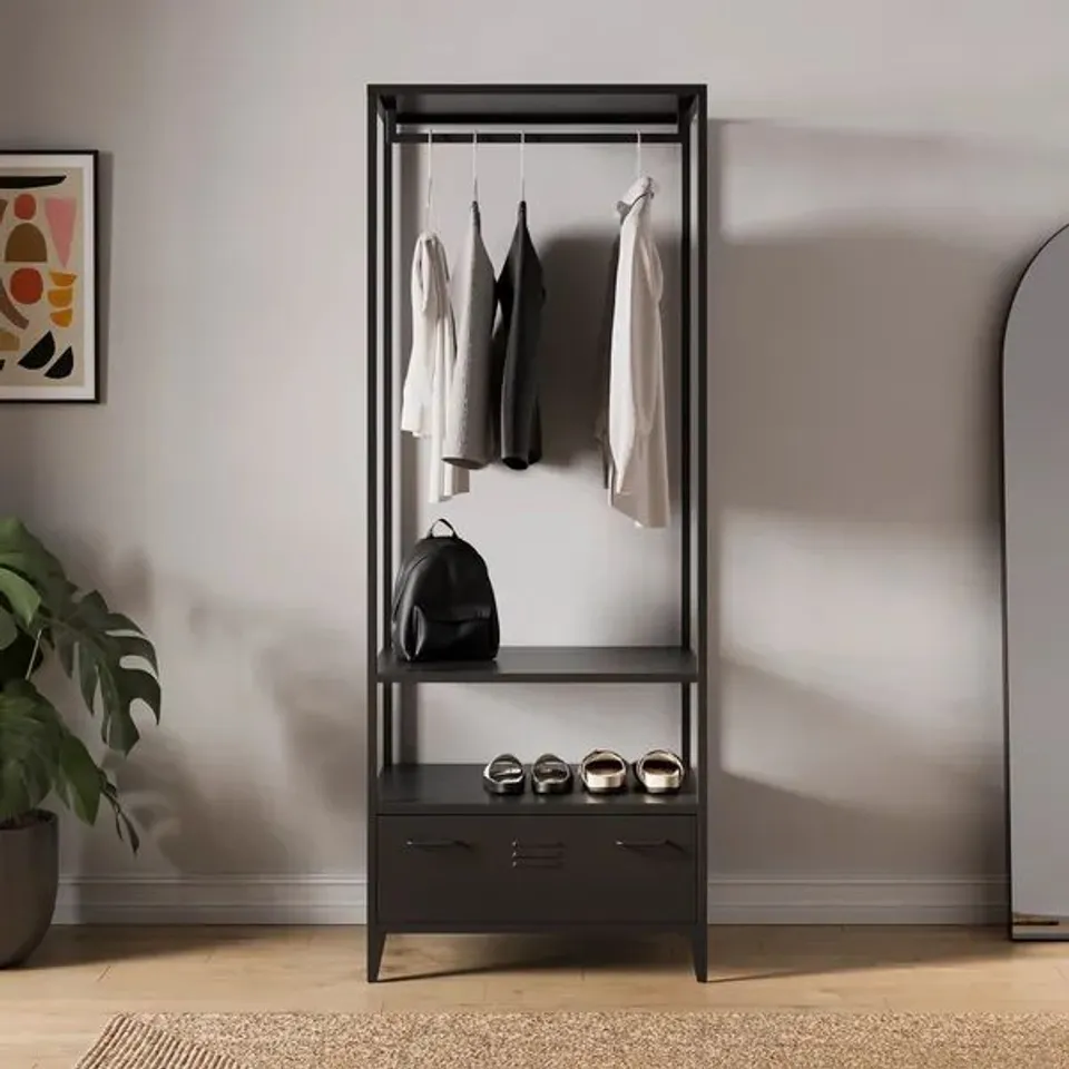 BOXED DUNELM HELGA OPEN WARDROBE- BLACK - (1 BOX)