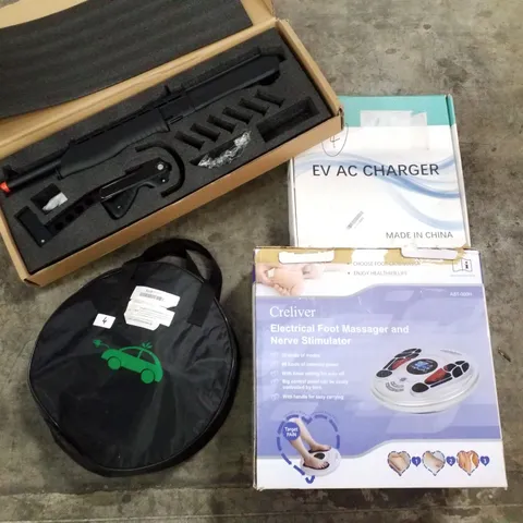 PALLET OF ASSORTED PRODUCTS INCLUDING EV AC CHARGER, ELECTRIC FOOT MASSAGER, FOAM BULLET TOY GUN