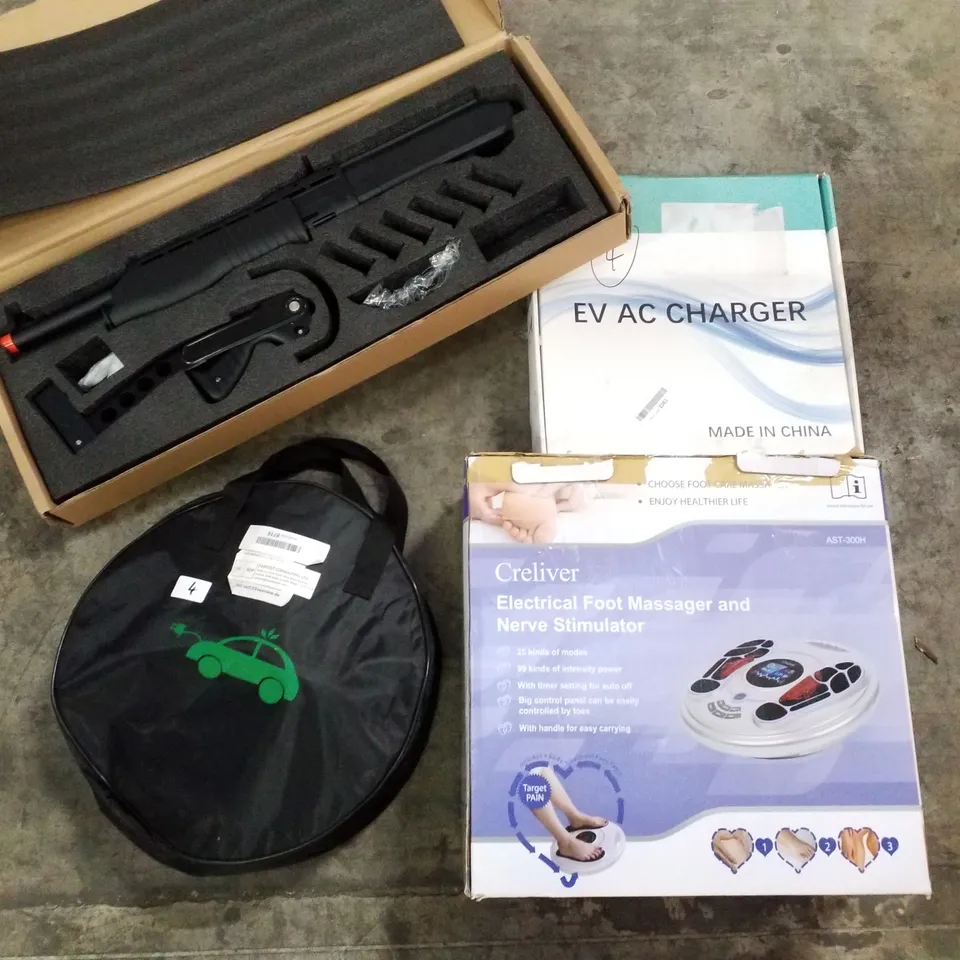 PALLET OF ASSORTED PRODUCTS INCLUDING EV AC CHARGER, ELECTRIC FOOT MASSAGER, FOAM BULLET TOY GUN