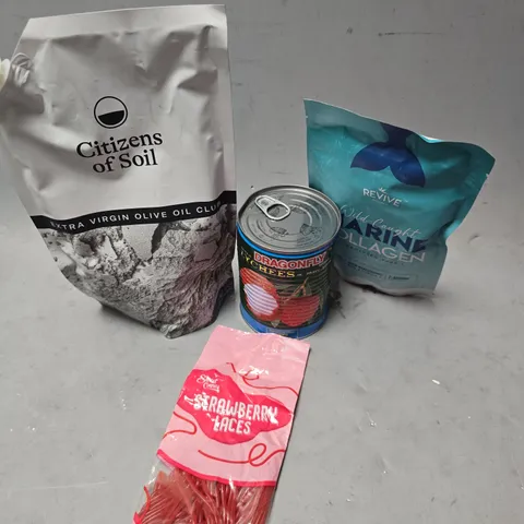 APPROXIMATELY 7 ASSORTED FOOD ITEMS TO INCLUDE - DRAGONFLY LYCHEES , REVIVE MARINE COLLAGEN ETC