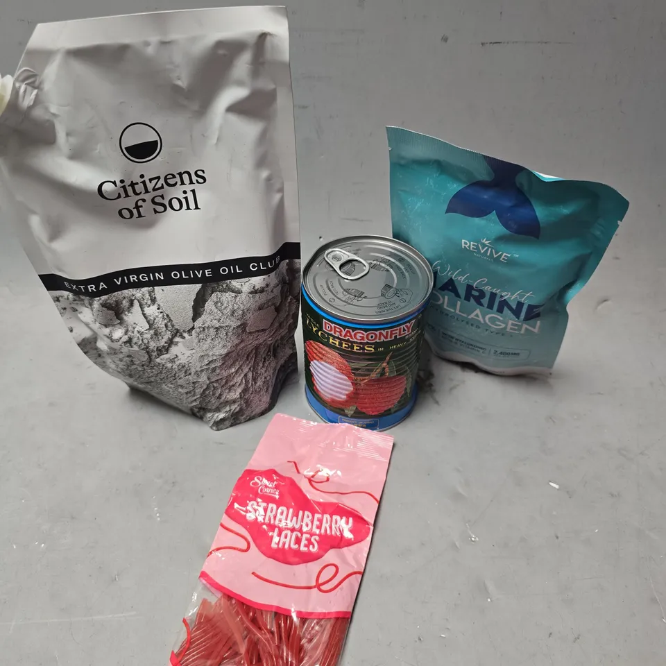 APPROXIMATELY 7 ASSORTED FOOD ITEMS TO INCLUDE - DRAGONFLY LYCHEES , REVIVE MARINE COLLAGEN ETC