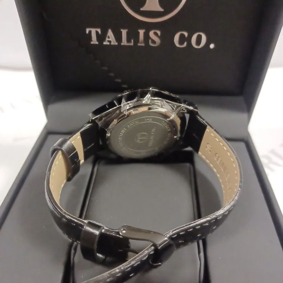 TALIS CO MEN'S BLACK LEATHER STRAP TRIPLE DIAL WRISTWATCH 