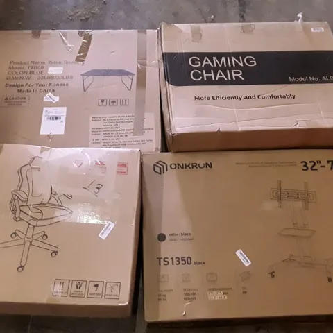 PALLET OF ASSORTED PRODUCTS INCLUDING GAMING CHAIR, TABLE TENNIS TABLE, OFFICE CHAIR, MOBILE CART FOR TVS