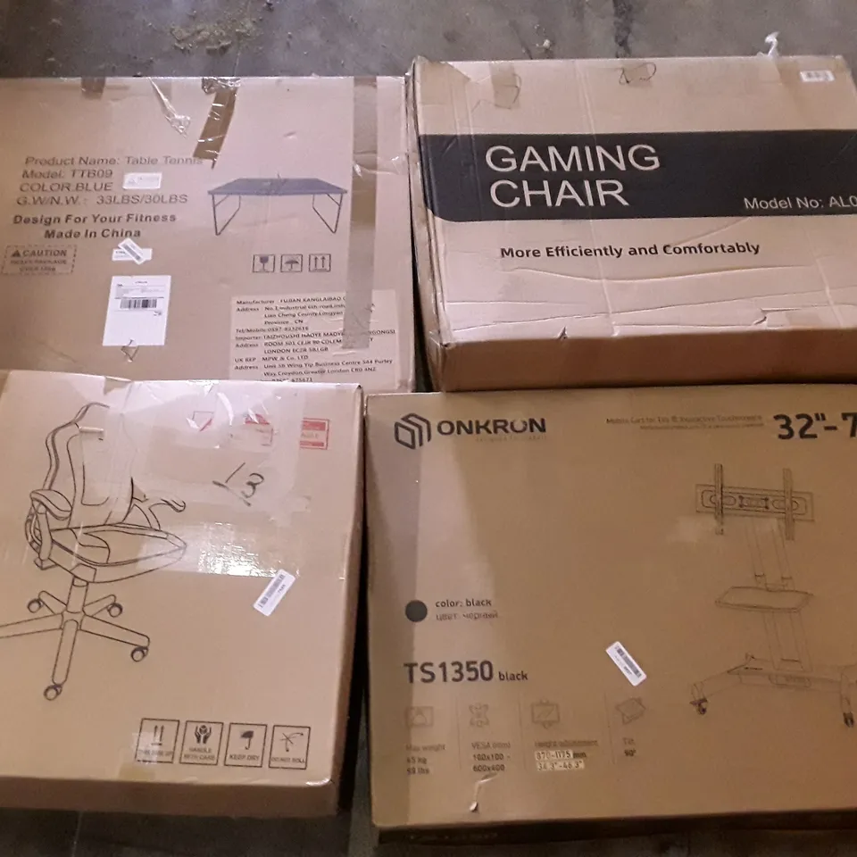 PALLET OF ASSORTED PRODUCTS INCLUDING GAMING CHAIR, TABLE TENNIS TABLE, OFFICE CHAIR, MOBILE CART FOR TVS 