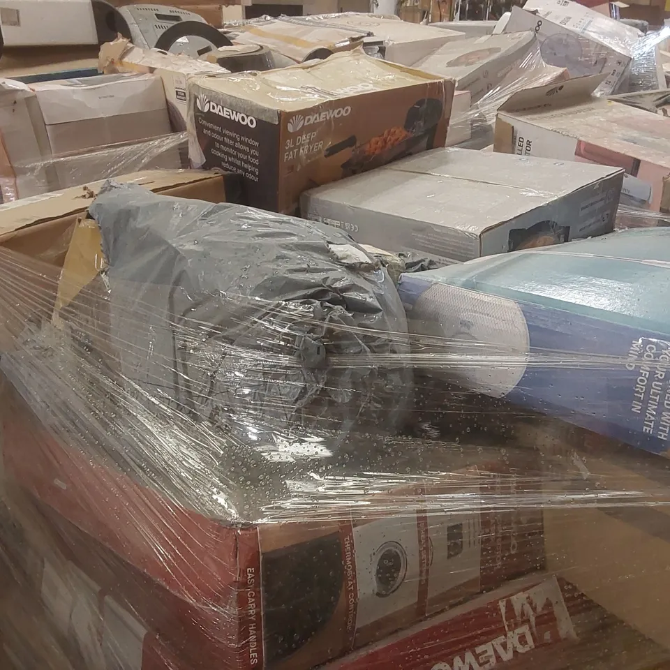PALLET CONTAINING A VERY LARGE QUANTITY OF ASSORTED ELECTRIC ITEMS INCLUDING: DAEWOO CARPET & UPHOLSTERY CLEANER, 2000W CONVECTOR HEATER, FAN ECT