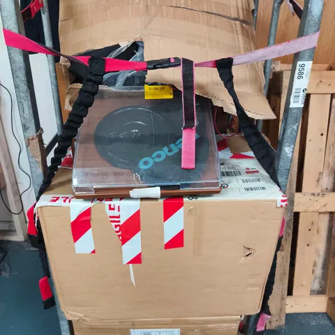 CAGE OF APPROXIMATELY 12 ASSORTED ITEMS INCLUDING LENCO TURNTABLE , KENWOOD MICROWAVE AND LENCO SPEAKERS