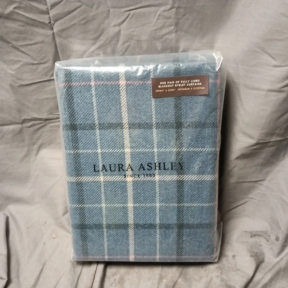 LAURA ASHLEY ALFRISTON CHECK BLACKOUT EYELET CURTAINS – PAIR, DARK SEASPRAY 64IN X 54IN