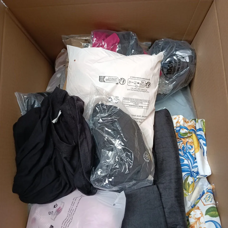 BOX OF APPROXIMATELY 25 ASSORTED CLOTHING ITEMS TO INCLUDE GREEN SKIRT, ASOS SLEEVELESS TOP, AMAZON ESSENTIALS HOODIE, VERY JEANS ETC