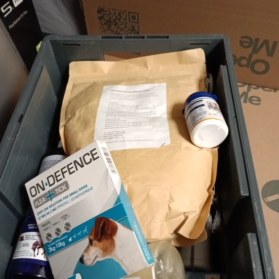 BOX OF APPROXIMATELY 15 ASSORTED PET PRODUCTS INCLUDING FLEA TICK SOLUTION , ANTISEPTIC SKINCARE AND PLAQUE OFF POWDER