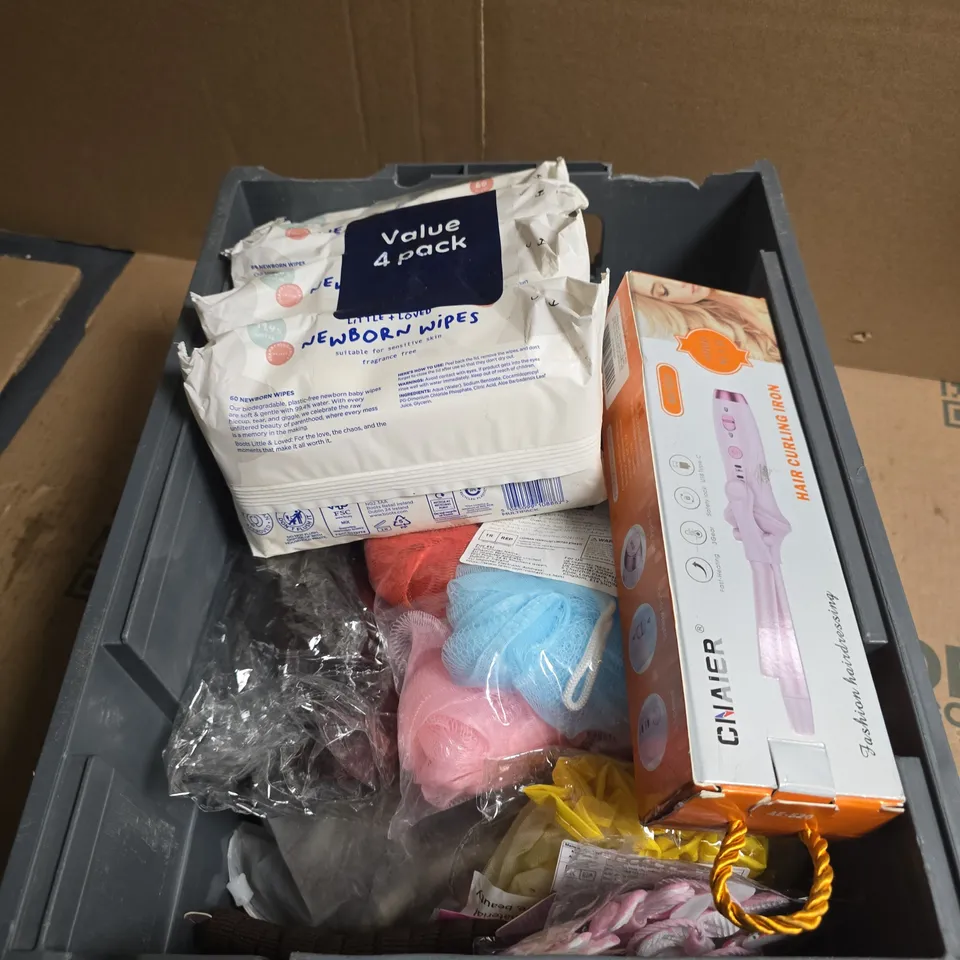BOX OF APPROXIMATELY 8 ASSORTED COSMETIC ITEMS INCLUDING HAIR CURLING IRON AND NEWBORN WIPES 