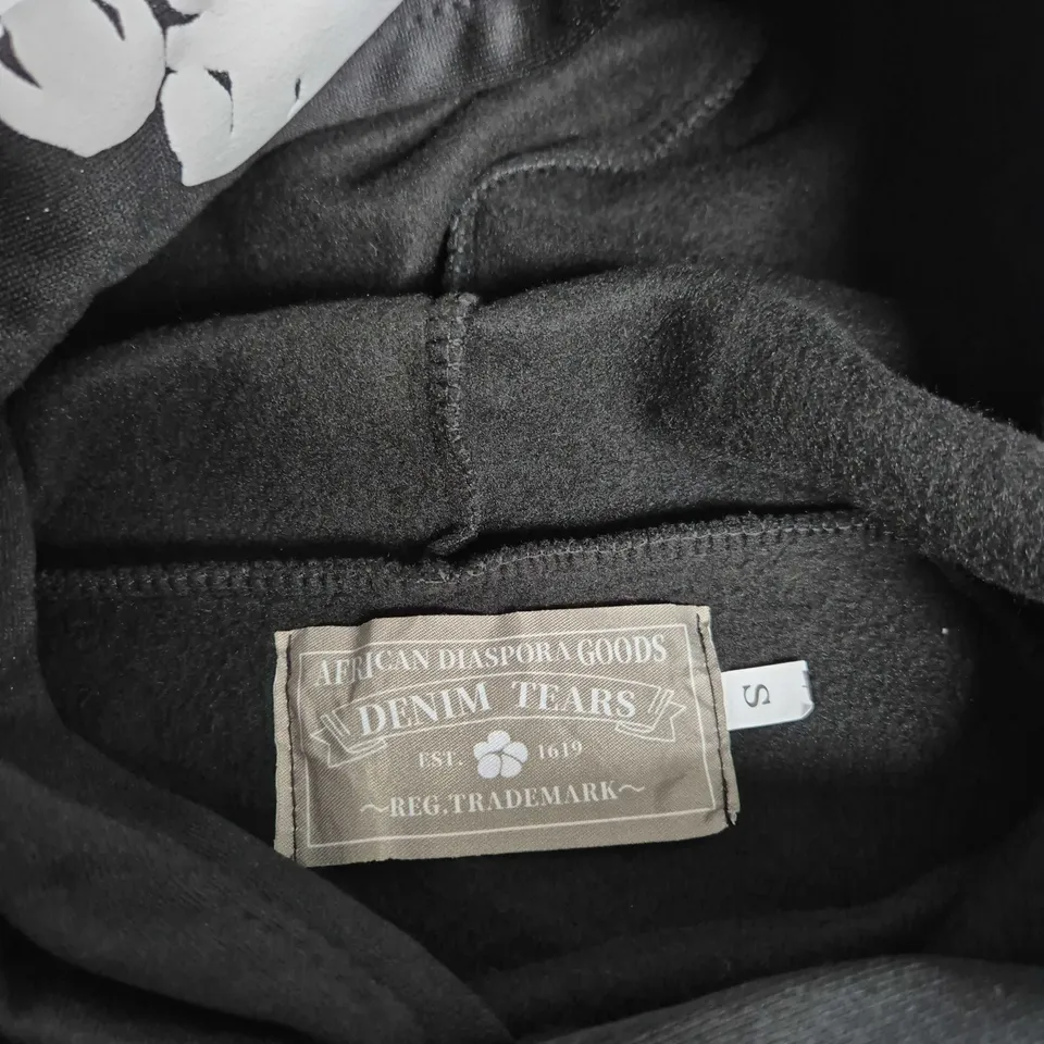 DENIM TEARS HOODIE – BLACK WITH WHITE FLORAL PRINT, SIZE S