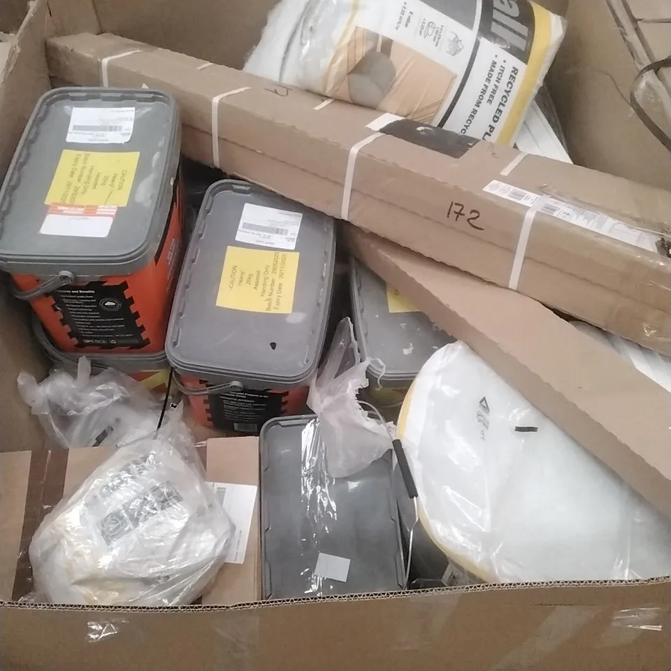 PALLET OF ASSORTED DIY, HOME IMPROVEMENT AND BUILDING PRODUCTS TO INCLUDE; LOFT LEGS, PERMANENT POT HOLE REPAIR, READY MIXED JOINTING, WALL PANELLING ETC