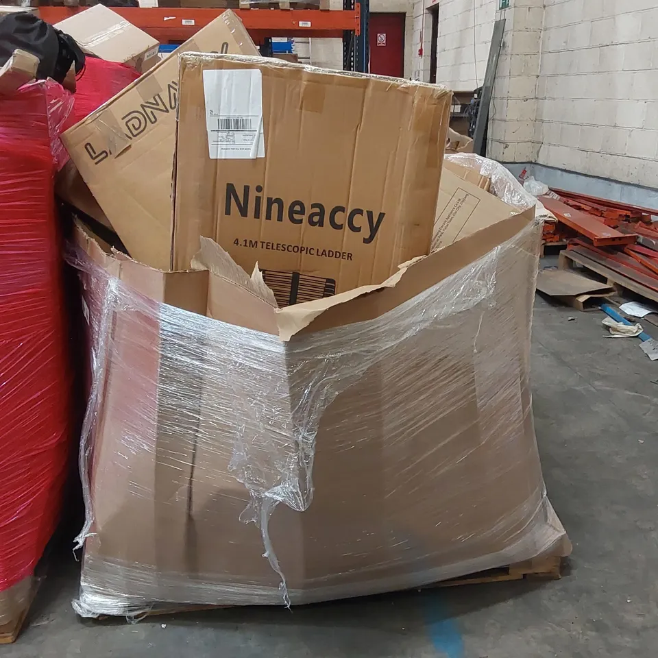 PALLET OF ASSORTED CONSUMER PRODUCTS TO INCLUDE: AIR COOLERS, LADDERS, BABY PLAYPEN ECT