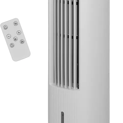 BOXED RUSSELL HOBBS TOWER FAN IN WHITE ELECTRIC AIR COOLER PEDESTAL WITH REMOTE CONTROL, TALL STANDING, HUMIDIFICATION SETTING, 3 SPEED SETTINGS, OSCILLATING FUNCTION WITH 2 YEAR GUARANTEE RHCLT5L