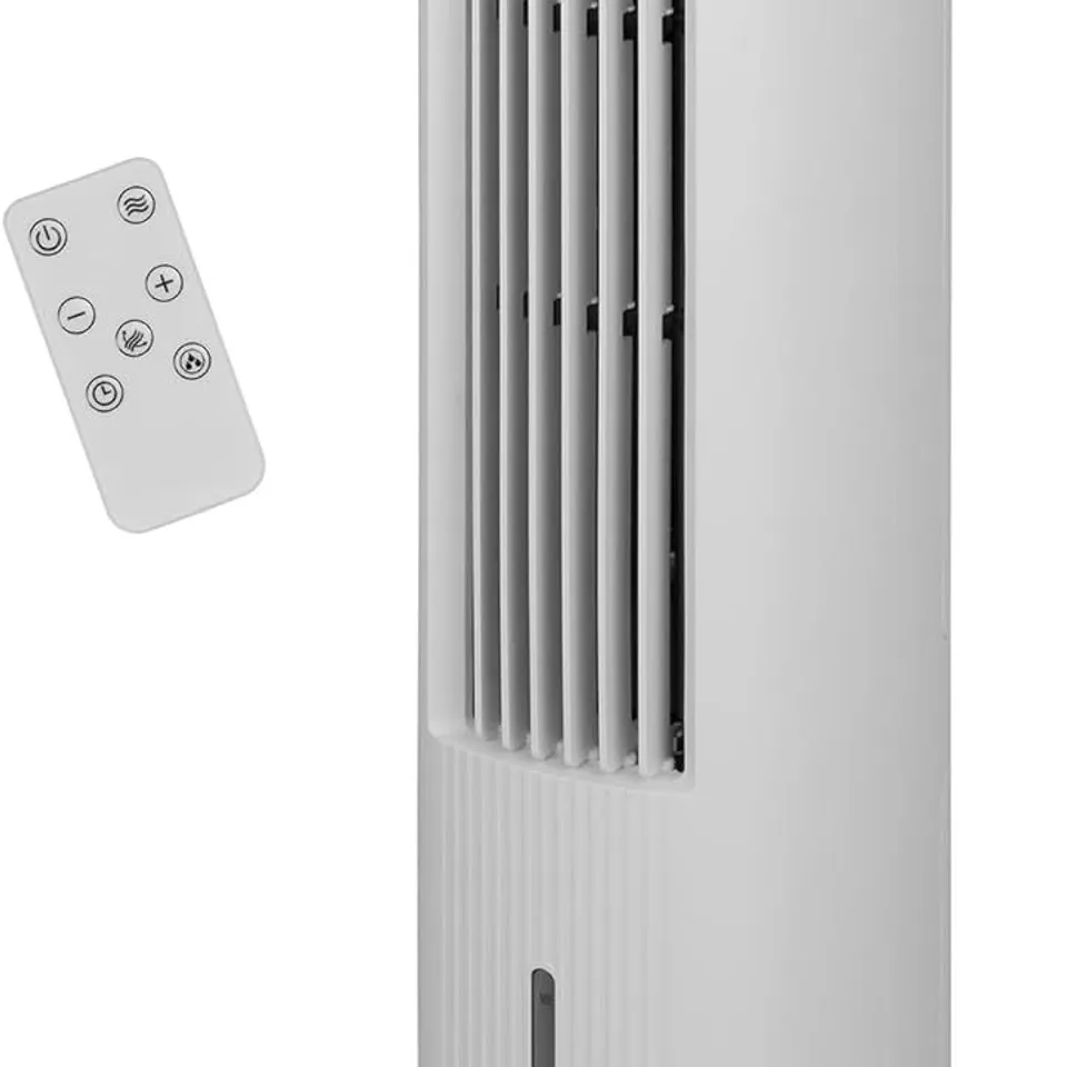 BOXED RUSSELL HOBBS TOWER FAN IN WHITE ELECTRIC AIR COOLER PEDESTAL WITH REMOTE CONTROL, TALL STANDING, HUMIDIFICATION SETTING, 3 SPEED SETTINGS, OSCILLATING FUNCTION RHCLT5L