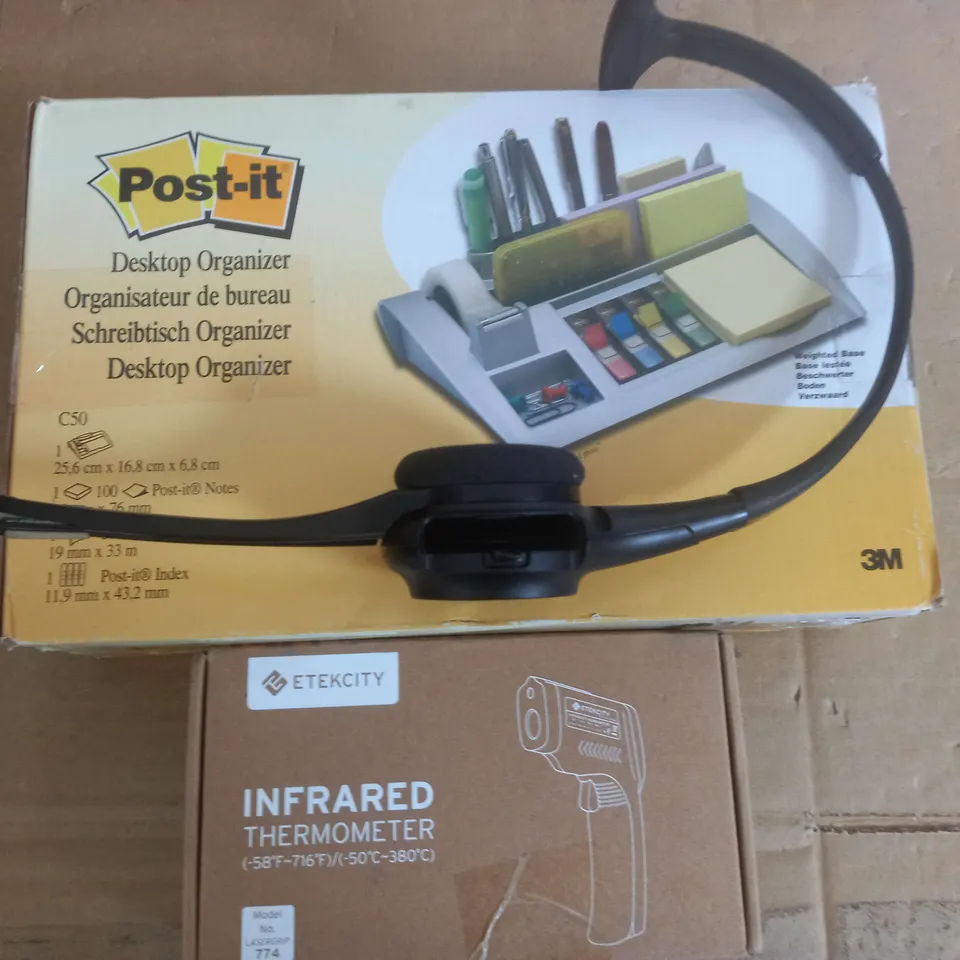 LOT OF 3 ITEMS TO INCLUDE POST IT ORGANIZER - INFRARED THERMOMETER - WIRELESS HEAD SET 