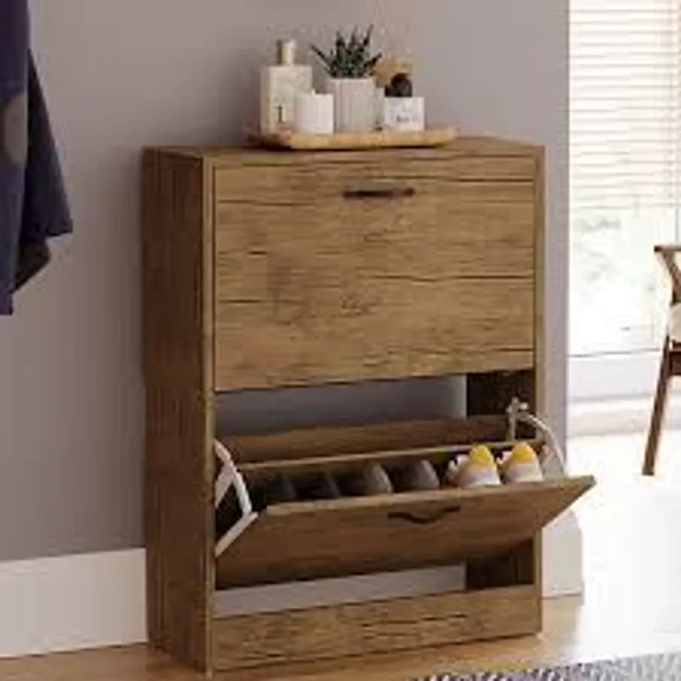 BOXED VIDA 2 DRAWER SHOE CABINET - ANTIQUE BROWN (1 BOX)