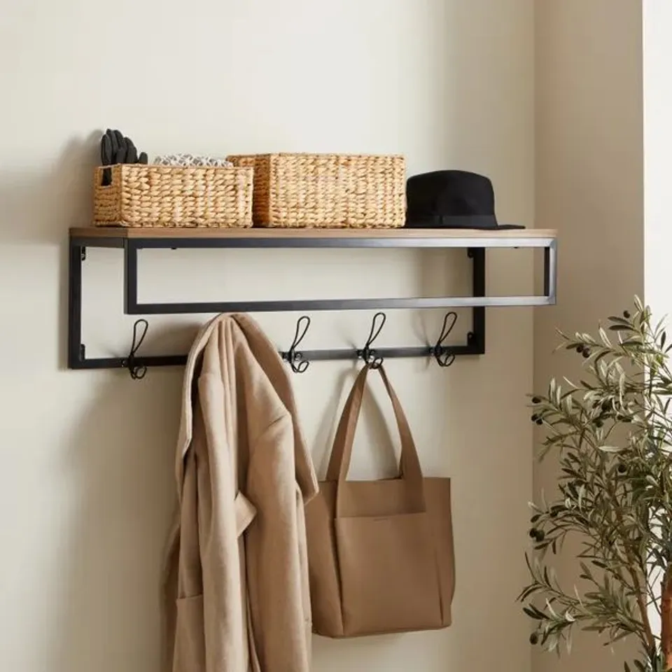 BOXED FULTON WALL SHELF WITH HOOKS PINE (1 BOX)