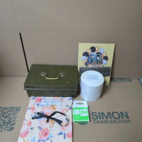 BOX OF APPROXIMATELY 20 ASSORTED HOUSEHOLD ITEMS TO INCLUDE ARMY STYLE STORAGE TIN, PRINTING LABELS AND A 60TH BIRTHDAY CELEBRATION KIT