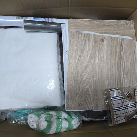 APPROXIMATELY 20 ASSORTED HOUSEHOLD PRODUCTS TO INCLUDE TOWEL SET, FAUX ADHESIVE WOOD TILES, PEEL & STICK WALLPAPER, ETC - COLLECTION ONLY